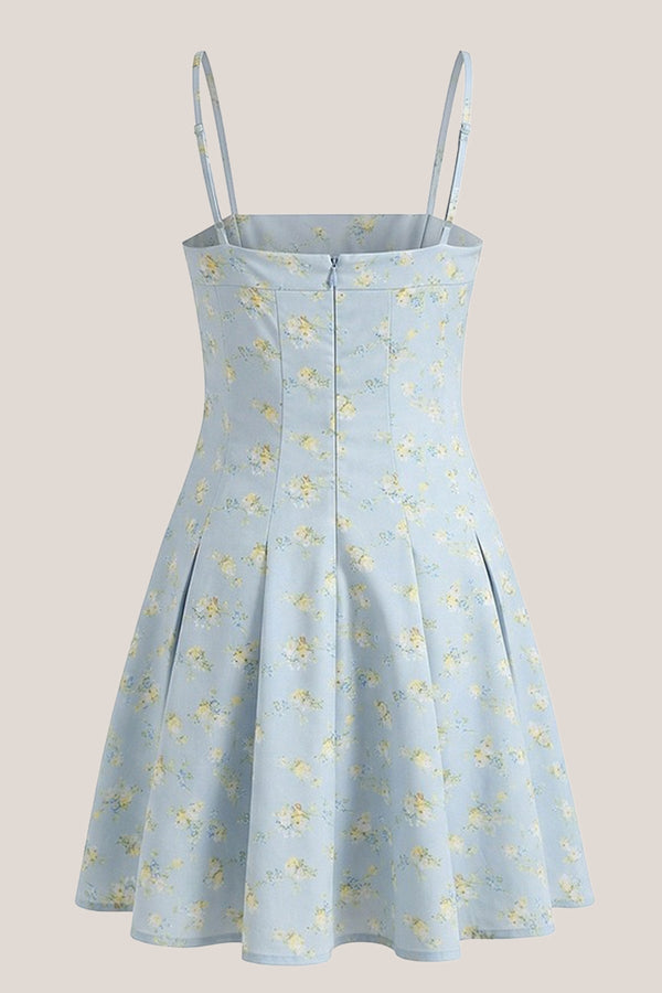 Warm A - Line Rose Printed Cotton Mini Dress in Blue - SHE IS ME Dresses