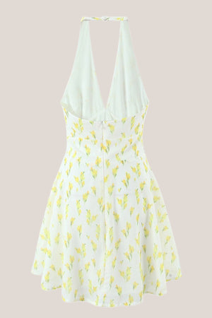 Warm Halter Rose Printed Cotton Mini Dress in Yellow - SHE IS ME Dresses