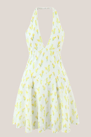 Warm Halter Rose Printed Cotton Mini Dress in Yellow - SHE IS ME Dresses