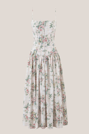 Warm Rose Printed Square Neck A - Line Cotton Midi Dress in Green - SHE IS ME Dresses