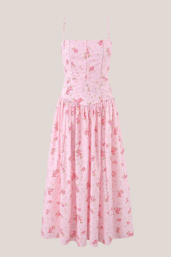 Warm Rose Printed Square Neck A - Line Cotton Midi Dress in Pink - SHE IS ME Dresses