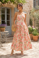 Warm Rose Printed Square Neck A - Line Cotton Midi Dress in Red - SHE IS ME Dresses