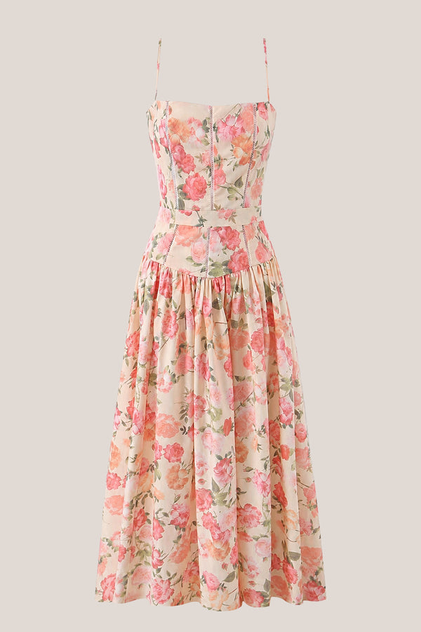 Warm Rose Printed Square Neck A - Line Cotton Midi Dress in Red - SHE IS ME Dresses