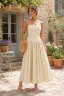Warm Rose Printed Square Neck A - Line Cotton Midi Dress in Yellow - SHE IS ME Dresses