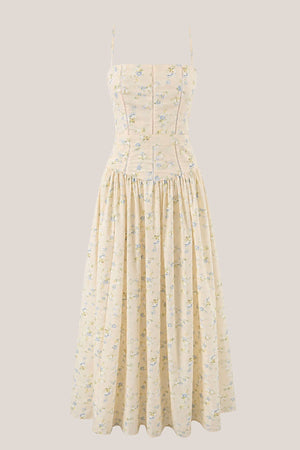 Warm Rose Printed Square Neck A - Line Cotton Midi Dress in Yellow - SHE IS ME Dresses
