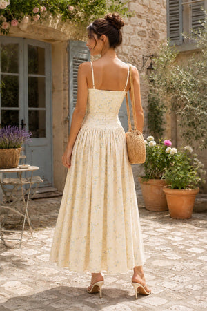 Warm Rose Printed Square Neck A - Line Cotton Midi Dress in Yellow - SHE IS ME Dresses
