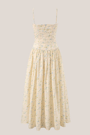 Warm Rose Printed Square Neck A - Line Cotton Midi Dress in Yellow - SHE IS ME Dresses
