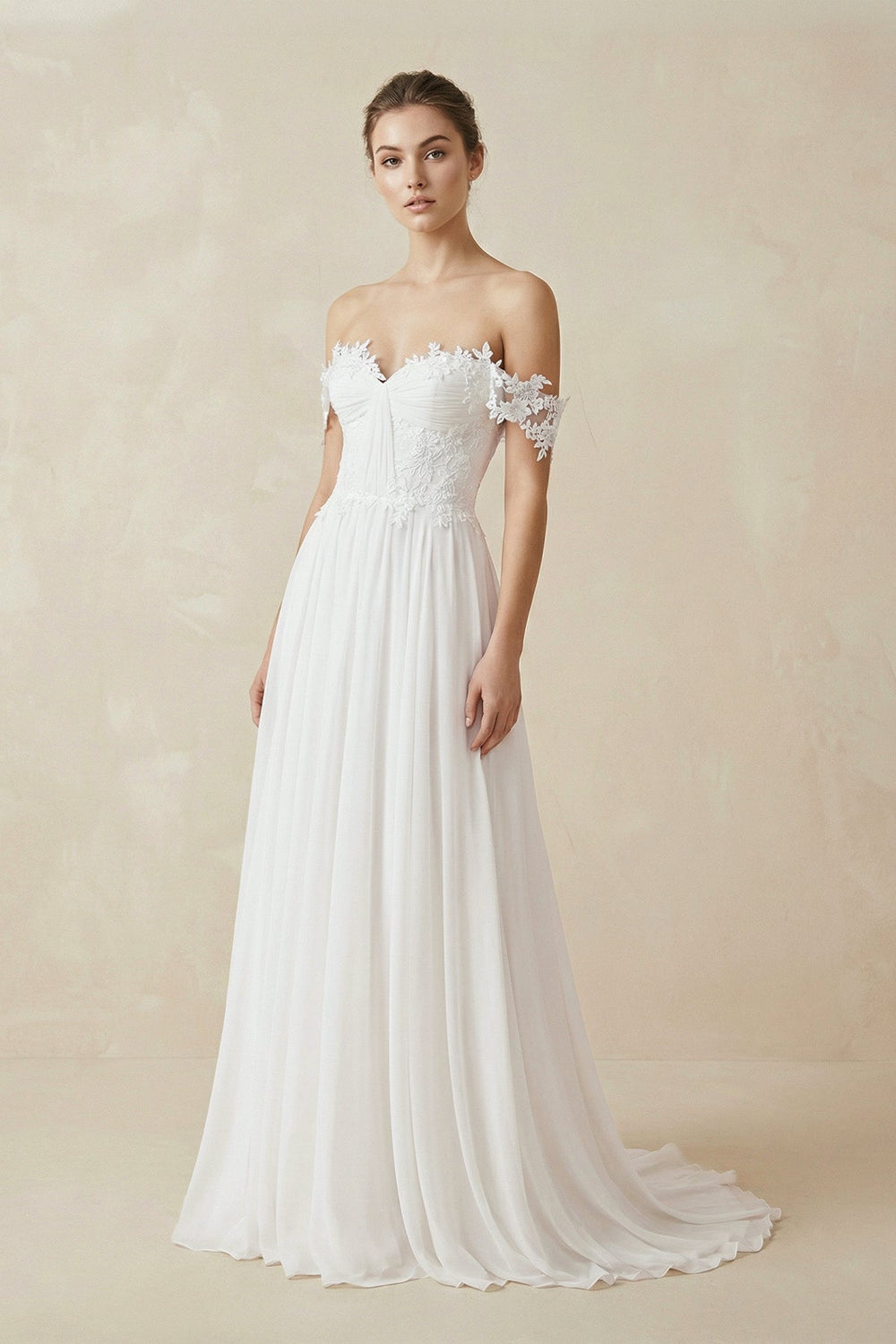 White A line Chiffon Off - Shoulder Wedding Dress - SHE IS ME Wedding Dresses