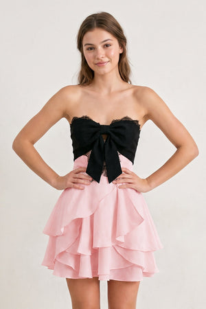 Pink Sweetheart A-Line Ruffled Chiffon Homecoming Dress with Bow | SHEISME