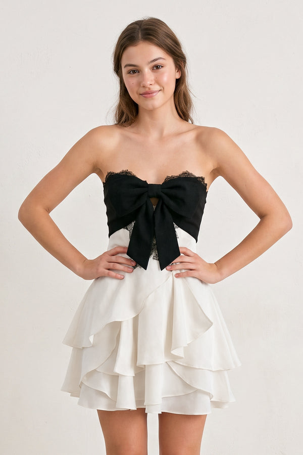 White-Black Sweetheart A-Line Ruffled Chiffon Homecoming Dress with Bow | SHEISME