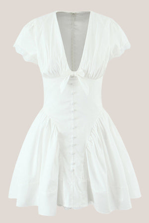 White Cotton A - Line V - Neck Mini Dress - SHE IS ME Dresses