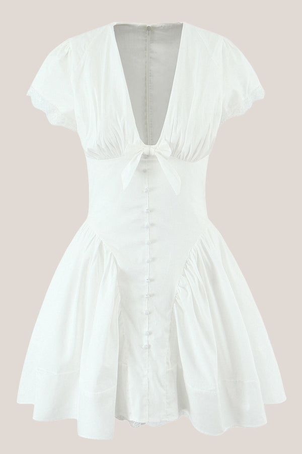 White Cotton A - Line V - Neck Mini Dress - SHE IS ME Dresses