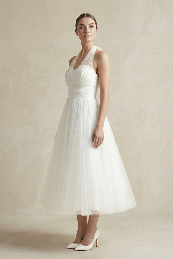 White Halter Tulle A - Line Midi Wedding Dress - SHE IS ME Wedding Dresses
