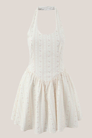 White Halter Vintage Rose Printed A - Line Mini Dress - SHE IS ME Dresses
