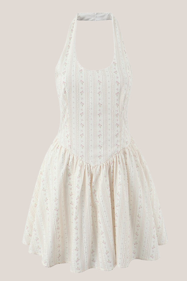 White Halter Vintage Rose Printed A - Line Mini Dress - SHE IS ME Dresses