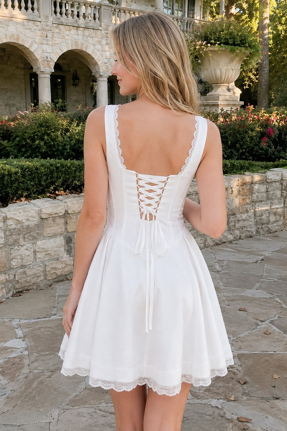 White Scoop Neck Lace Ruched A-Line Satin Homecoming Dress