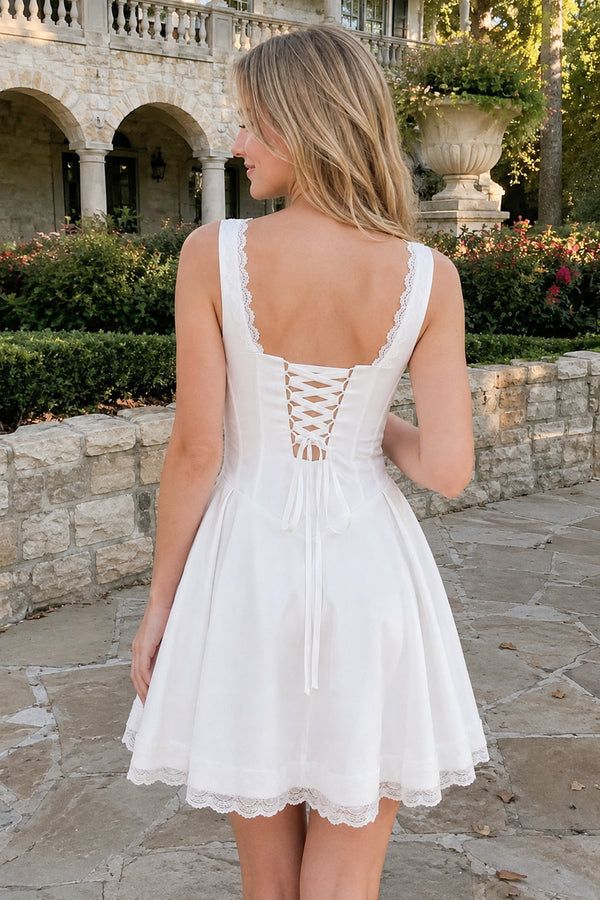 White Scoop Neck Lace Ruched A-Line Satin Homecoming Dress (2) | SHEISME