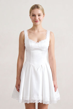 White Scoop Neck Lace Ruched A-Line Satin Homecoming Dress (3) | SHEISME