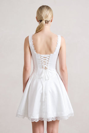 White Scoop Neck Lace Ruched A-Line Satin Homecoming Dress (4) | SHEISME