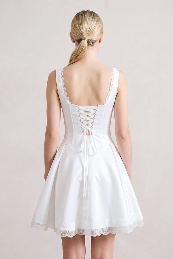 White Scoop Neck Lace Ruched A-Line Satin Homecoming Dress (4) | SHEISME