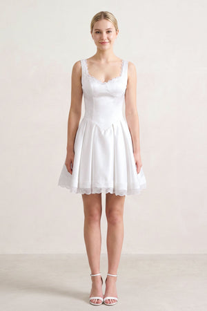 White Scoop Neck Lace Ruched A-Line Satin Homecoming Dress (5) | SHEISME