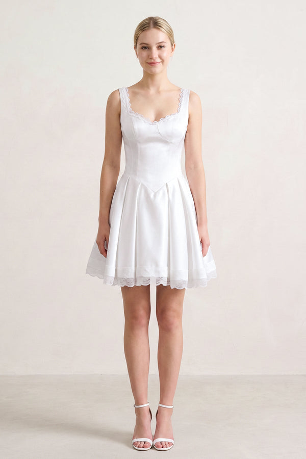 White Scoop Neck Lace Ruched A-Line Satin Homecoming Dress (5) | SHEISME