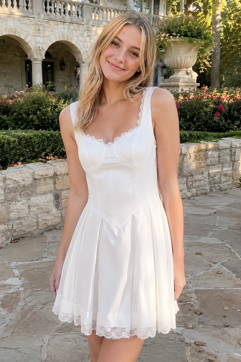 White Scoop Neck Lace Ruched A-Line Satin Homecoming Dress