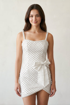 White Sheath Beaded Pearl Homecoming Dresses with Bow