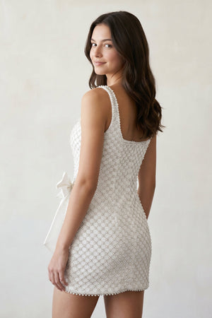 White Sheath Beaded Pearl Homecoming Dresses with Bow