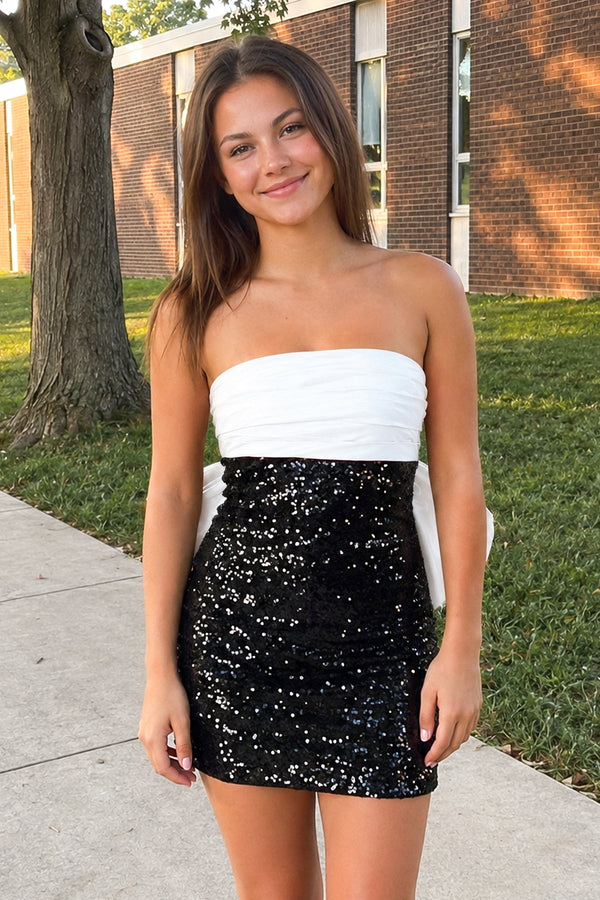 White Sheath Strapless Sequined Bow Mini Party Dresses | SHEISME