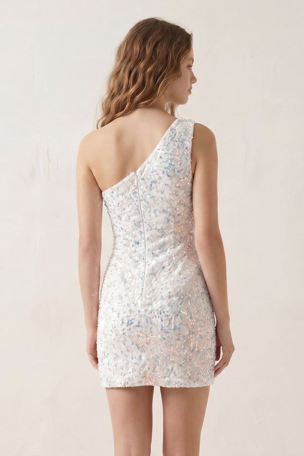 White Bodycon One Shoulder Sequins Mini Party Dresses - SHEISME
