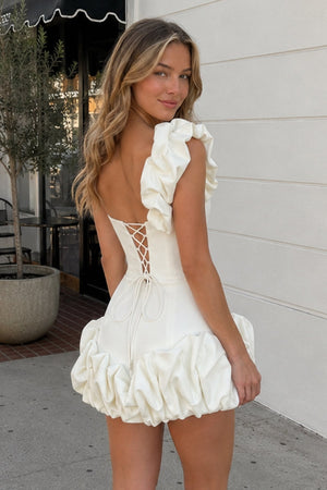 White One Shoulder Bodycon Homecoming Dress With Ruffles – Dress by SHEISME | Available at SHEISME