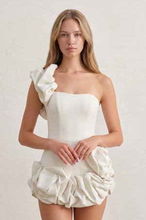 White One Shoulder Bodycon Homecoming Dress With Ruffles – Dress by SHEISME | Available at SHEISME