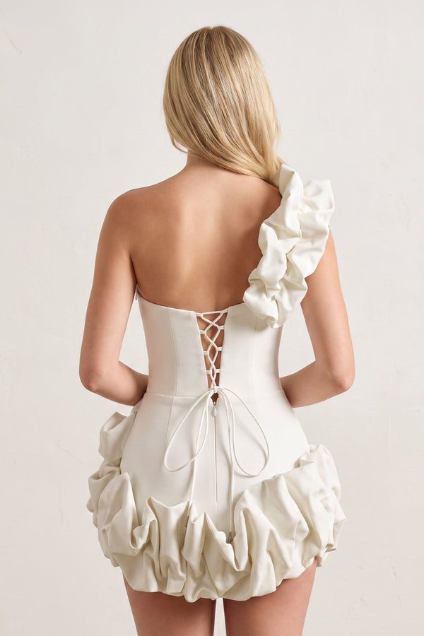 White One Shoulder Bodycon Homecoming Dress With Ruffles – Dress by SHEISME | Available at SHEISME
