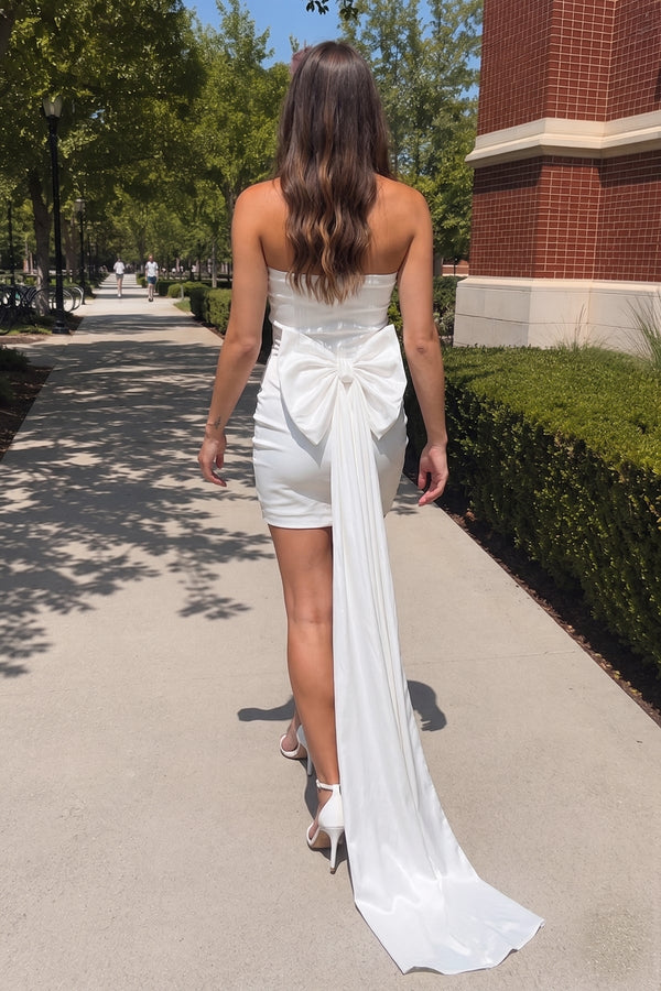 White Strapless Bow Back Ruching Short Dress - SHEISME