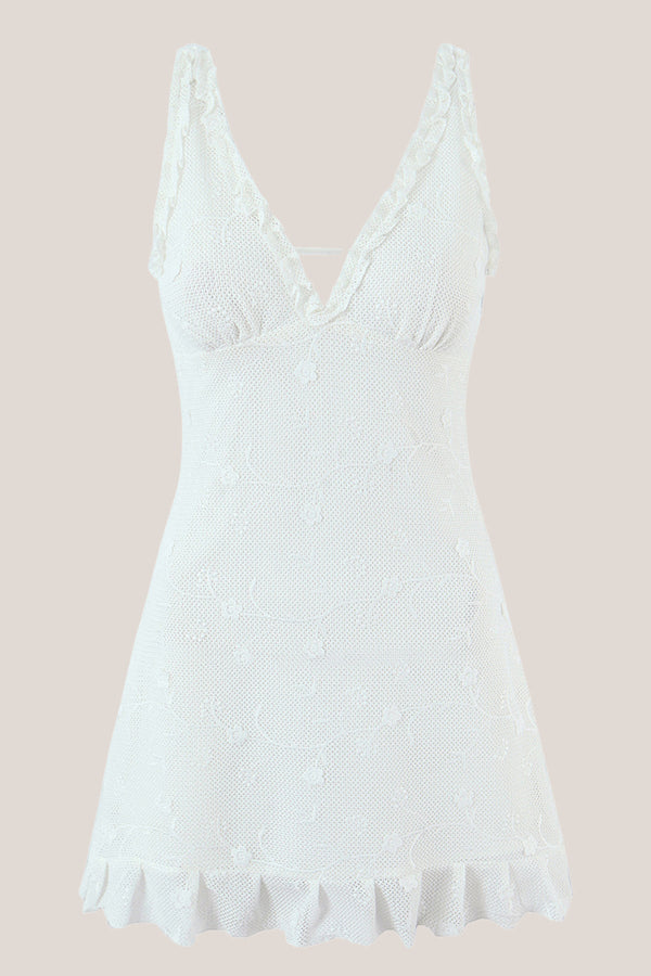 White V - Neck Tulle Ruffled A - Line Mini Dress - SHE IS ME Dresses
