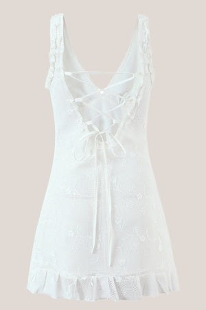 White V - Neck Tulle Ruffled A - Line Mini Dress - SHE IS ME Dresses