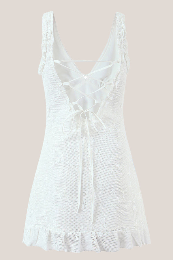White V - Neck Tulle Ruffled A - Line Mini Dress - SHE IS ME Dresses