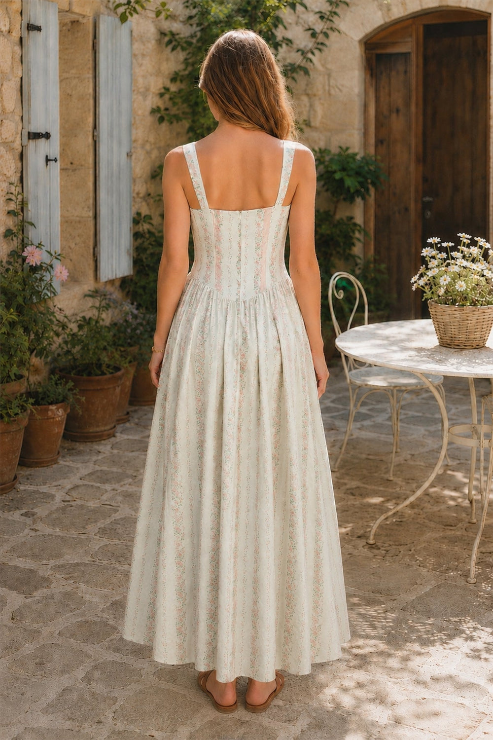 White Vintage Rose Printed A - Line Cotton Midi Dress - SHE IS ME Dresses