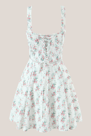 White Vintage Rose Printed A - Line Cotton Mini Dress - SHE IS ME Dresses