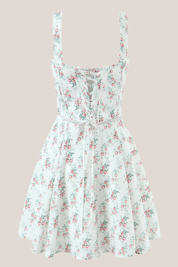 White Vintage Rose Printed A - Line Cotton Mini Dress - SHE IS ME Dresses