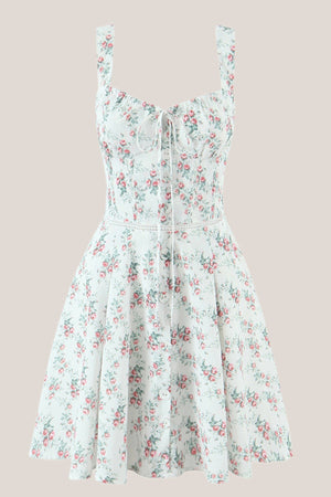 White Vintage Rose Printed A - Line Cotton Mini Dress - SHE IS ME Dresses