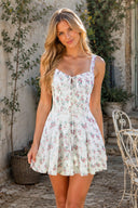 White Vintage Rose Printed A - Line Cotton Mini Dress - SHE IS ME Dresses
