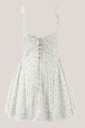 White Vintage Rose Printed Lace Cotton Mini Dress - SHE IS ME Dresses