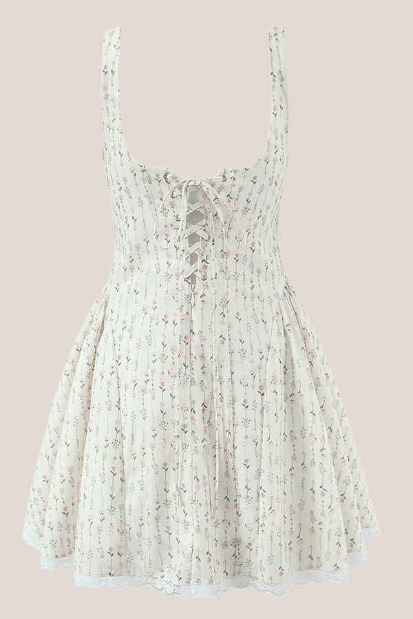 White Vintage Rose Printed Lace Cotton Mini Dress - SHE IS ME Dresses