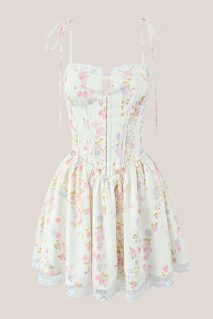 White Warm Rose Print Cotton Lace - Trim Mini Dress - SHE IS ME Dresses