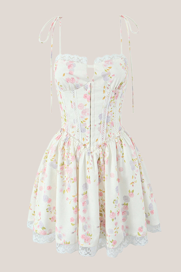 White Warm Rose Print Cotton Lace - Trim Mini Dress - SHE IS ME Dresses
