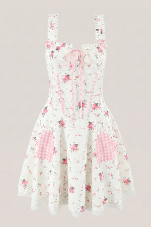 White Warm Rose Print Cotton Mini Dress - SHE IS ME Dresses