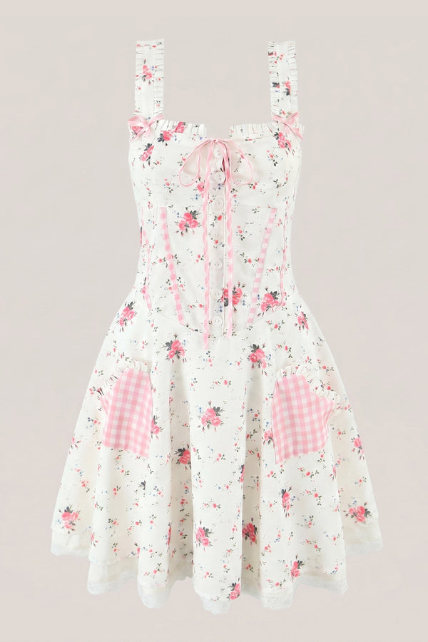 White Warm Rose Print Cotton Mini Dress - SHE IS ME Dresses