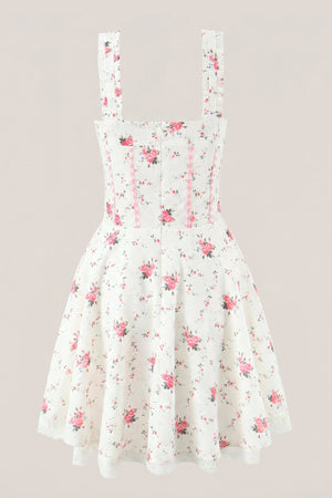White Warm Rose Print Cotton Mini Dress - SHE IS ME Dresses